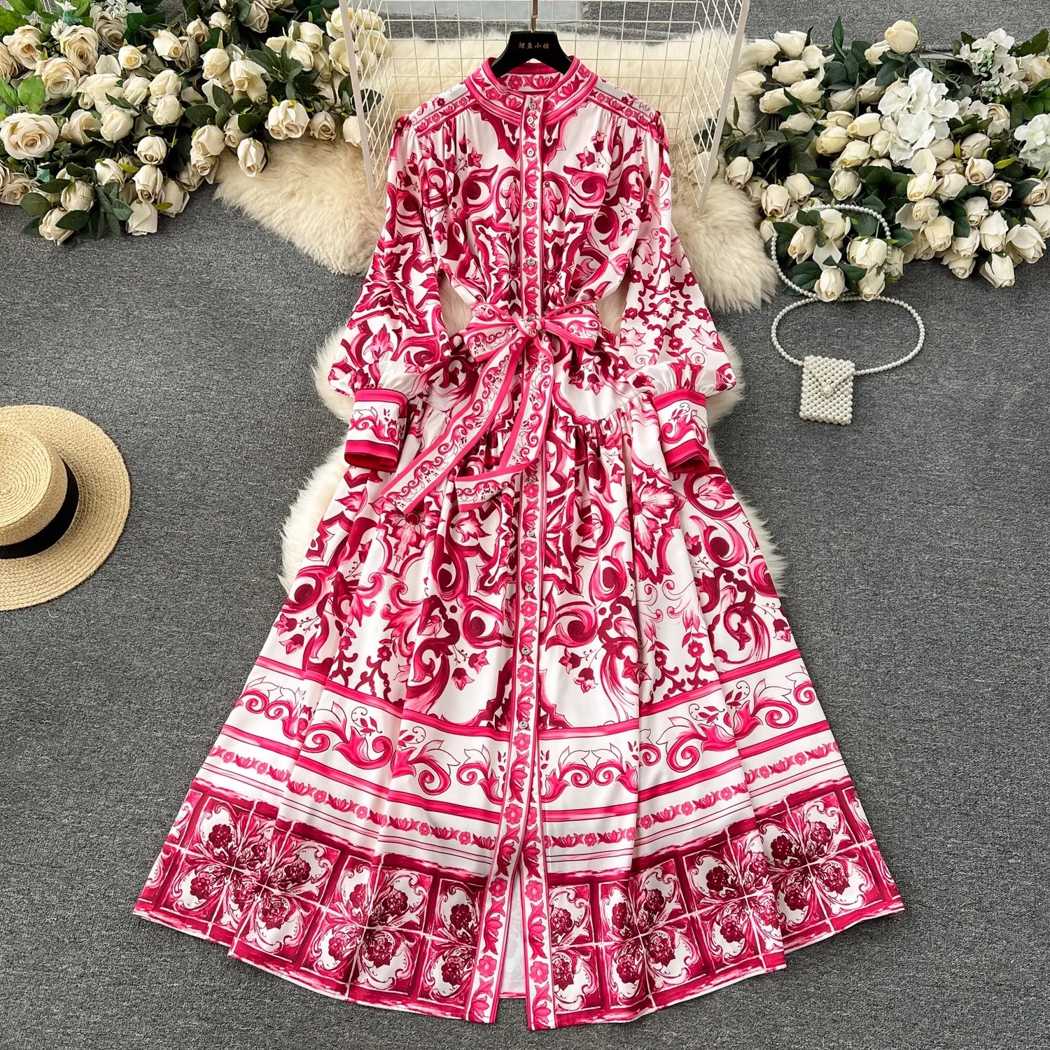 Runway Red Blue And White Porcelain Print Holiday Maxi Dress Women's Stand Single Breasted Loose Lace Up Belt Long Robe Vestido