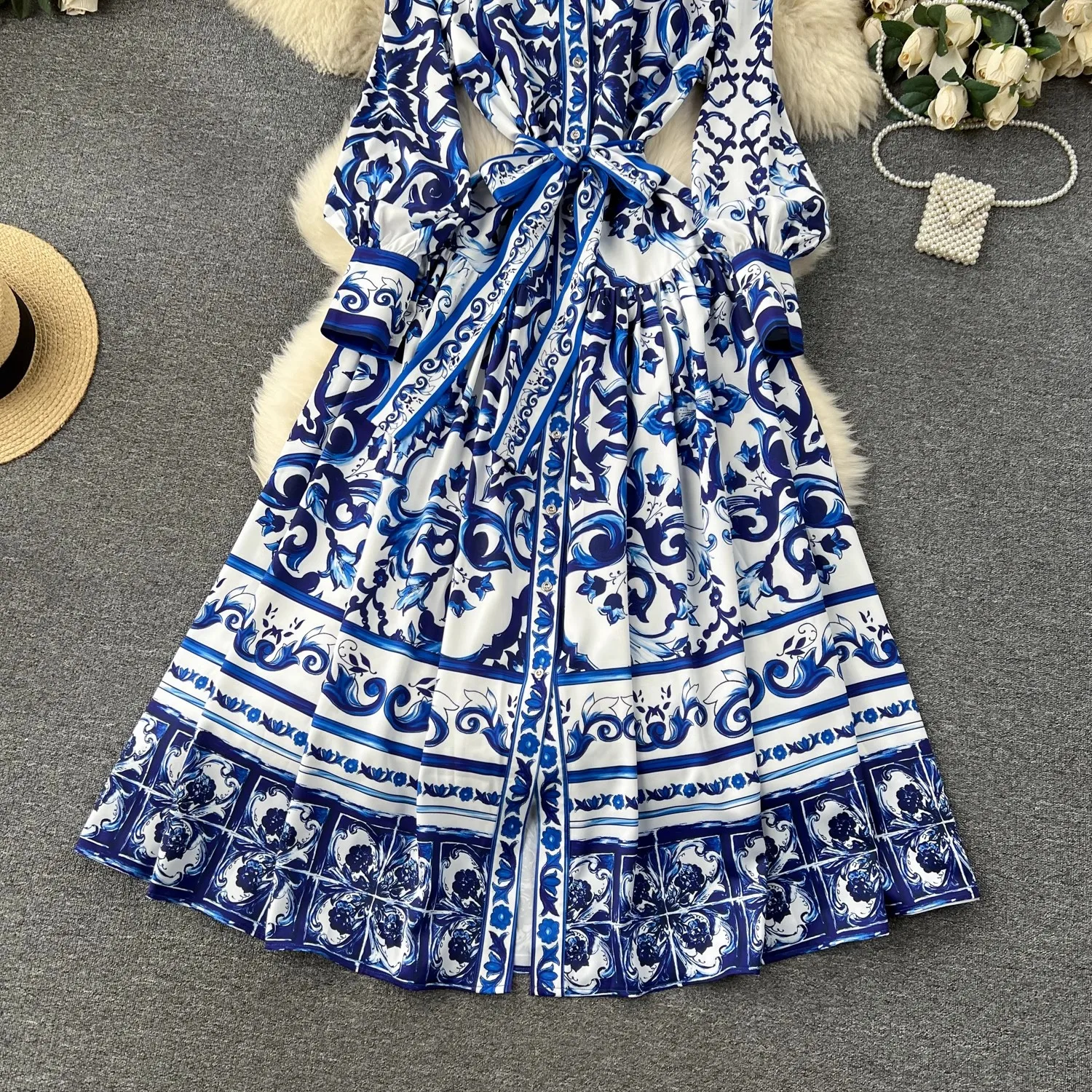 Runway Red Blue And White Porcelain Print Holiday Maxi Dress Women's Stand Single Breasted Loose Lace Up Belt Long Robe Vestido