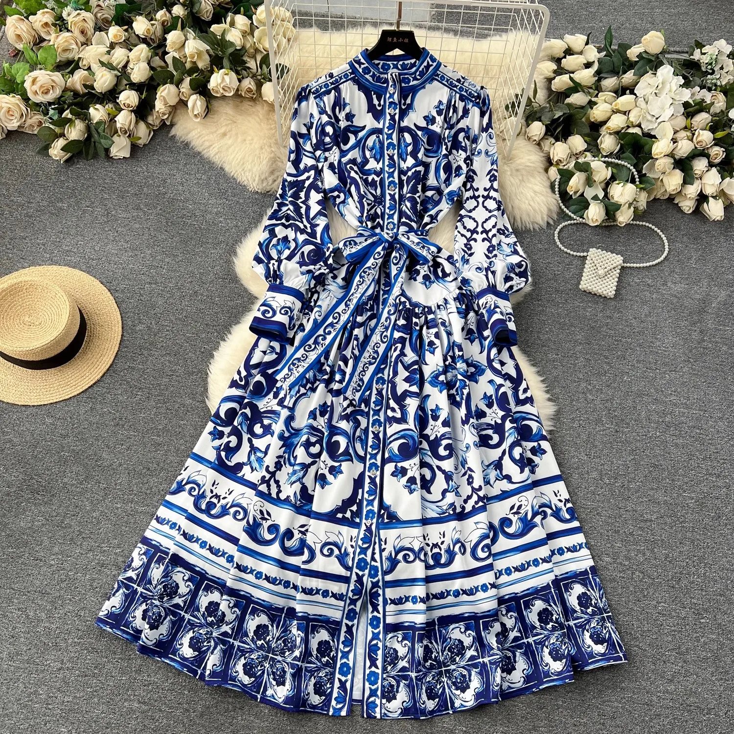 Runway Red Blue And White Porcelain Print Holiday Maxi Dress Women's Stand Single Breasted Loose Lace Up Belt Long Robe Vestido