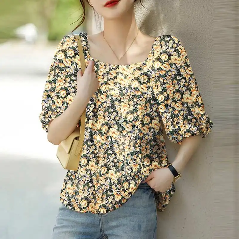 2024 Summer Women Puff Short Sleeve Blouse Beach Floral Print Square Neck Blusas Casual Loose Pleats Shirt Holiday Tops