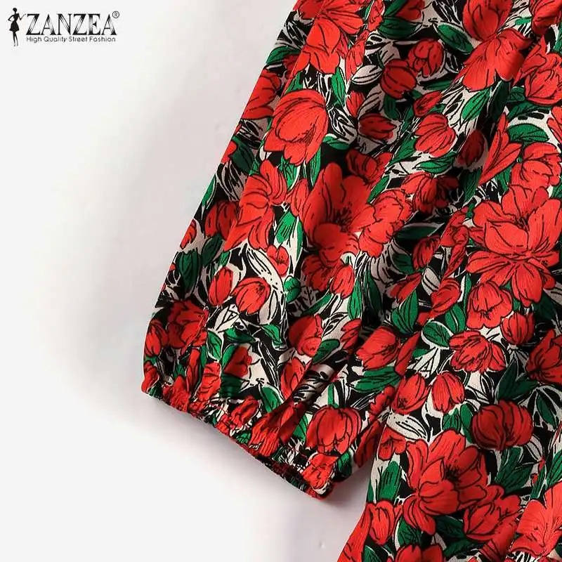 2024 Summer Women Puff Short Sleeve Blouse Beach Floral Print Square Neck Blusas Casual Loose Pleats Shirt Holiday Tops