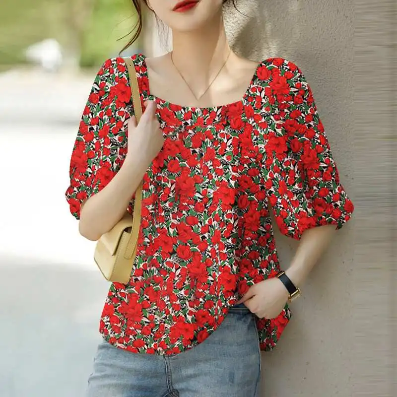 2024 Summer Women Puff Short Sleeve Blouse Beach Floral Print Square Neck Blusas Casual Loose Pleats Shirt Holiday Tops