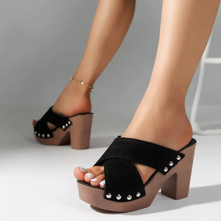 Summer Women Sandals Square High Heel Platform Flock Casual Rivet Pumps Peep Toe Female Elegant Ladies Shoes Zapatos De Mujer