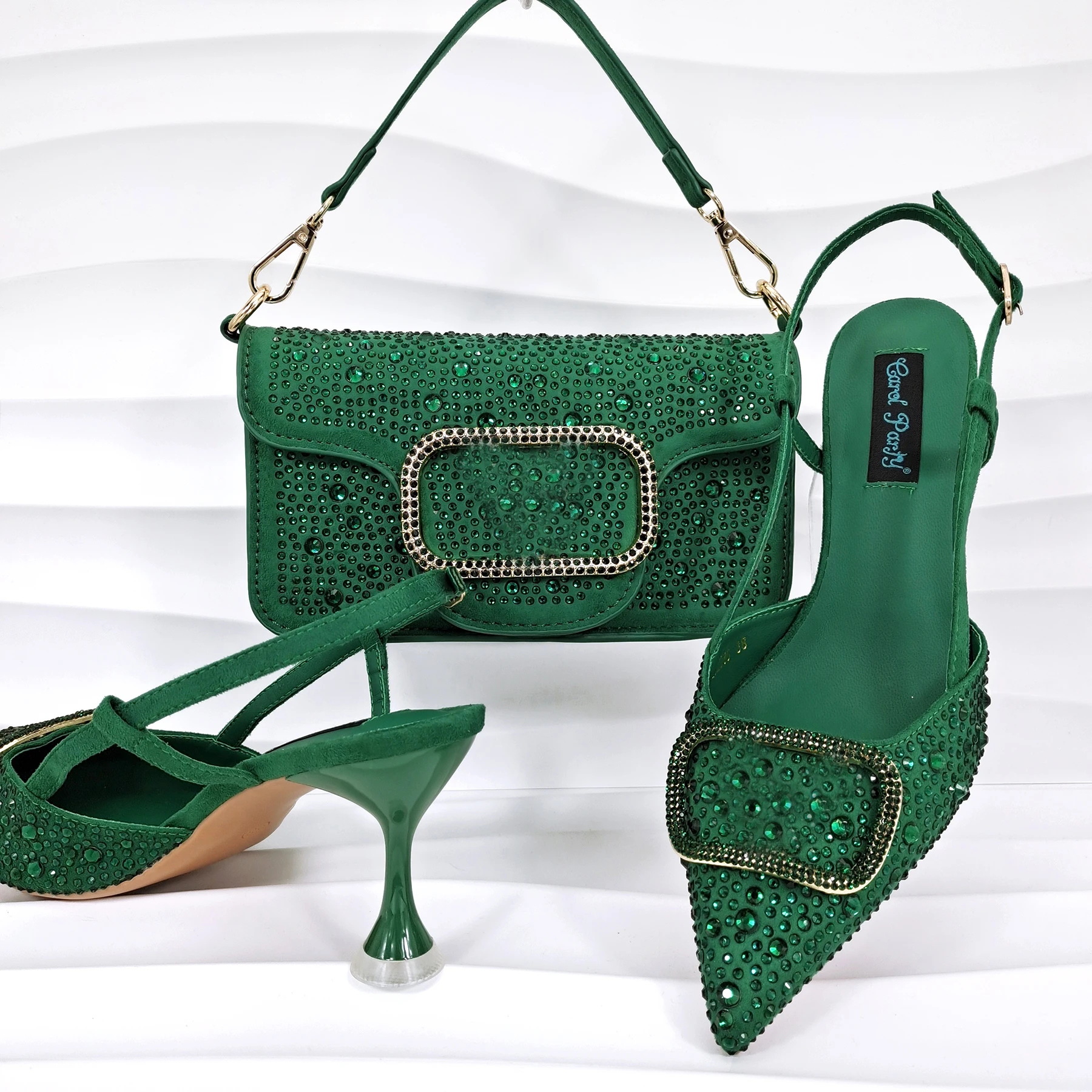 2024 New Design Mid Heels Italian Design in Green Color African Women Shoes and Bag Set for Wedding Party with Crystal