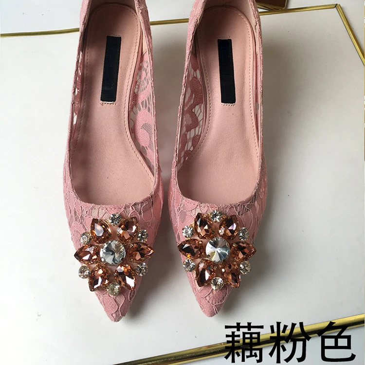 Women's Single Shoes  Spring and Autumn Pointed High Heels Fashion Lace Mesh Breathable Rhinestone Thin Heel Shallow Mouth Shoes