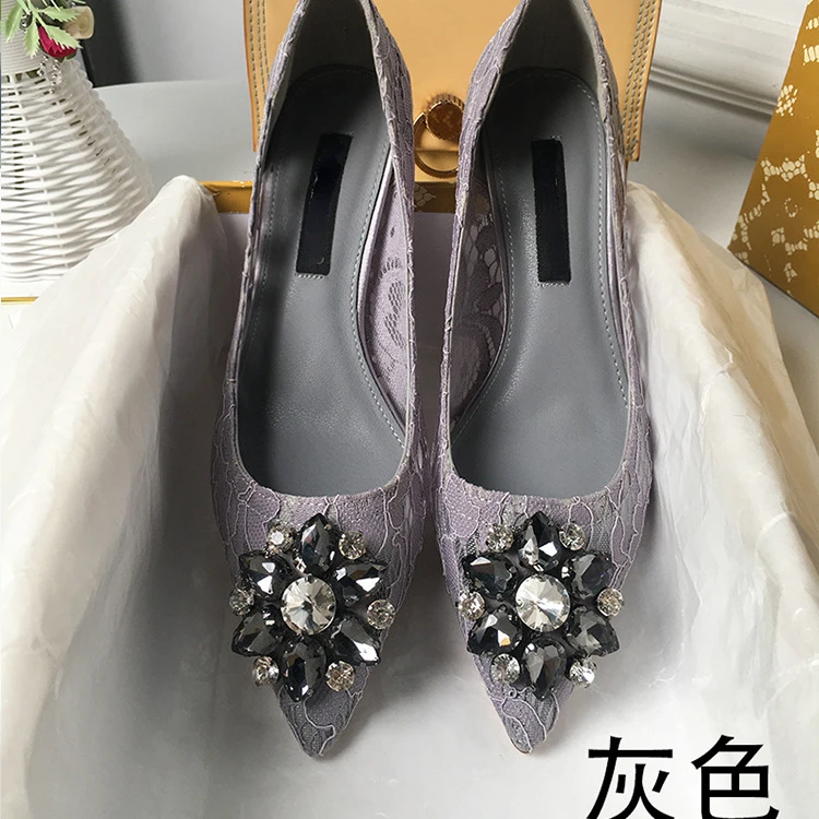 Women's Single Shoes  Spring and Autumn Pointed High Heels Fashion Lace Mesh Breathable Rhinestone Thin Heel Shallow Mouth Shoes