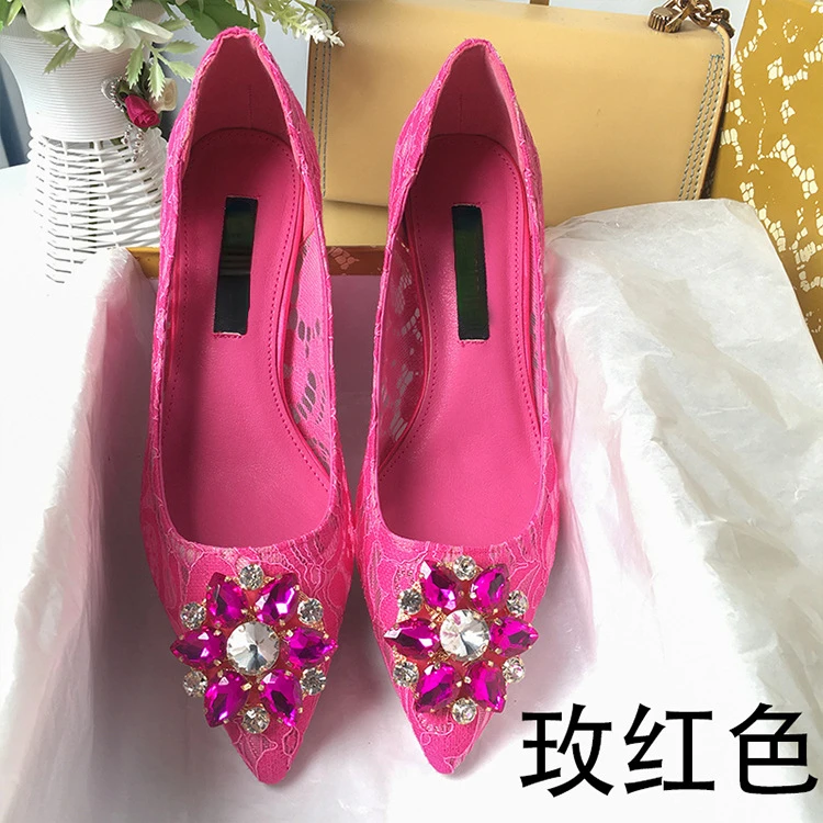 Women's Single Shoes  Spring and Autumn Pointed High Heels Fashion Lace Mesh Breathable Rhinestone Thin Heel Shallow Mouth Shoes