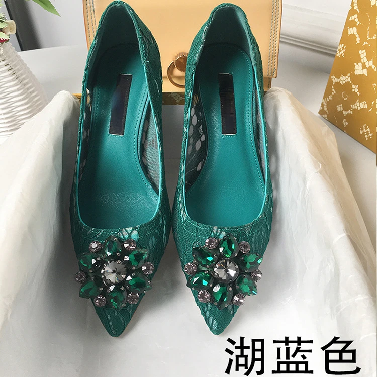 Women's Single Shoes  Spring and Autumn Pointed High Heels Fashion Lace Mesh Breathable Rhinestone Thin Heel Shallow Mouth Shoes