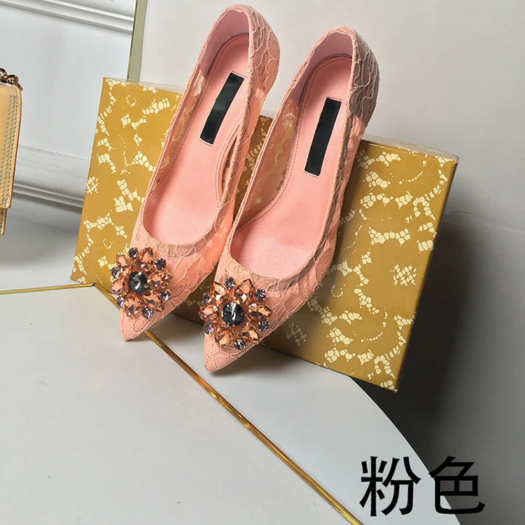 Women's Single Shoes  Spring and Autumn Pointed High Heels Fashion Lace Mesh Breathable Rhinestone Thin Heel Shallow Mouth Shoes