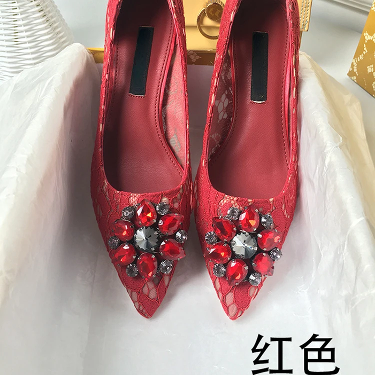 Women's Single Shoes  Spring and Autumn Pointed High Heels Fashion Lace Mesh Breathable Rhinestone Thin Heel Shallow Mouth Shoes