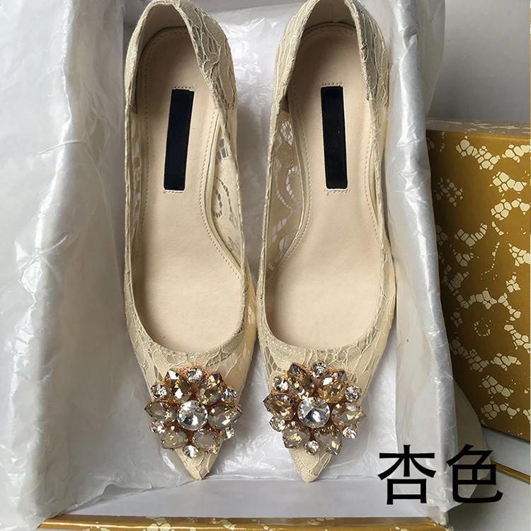 Women's Single Shoes  Spring and Autumn Pointed High Heels Fashion Lace Mesh Breathable Rhinestone Thin Heel Shallow Mouth Shoes