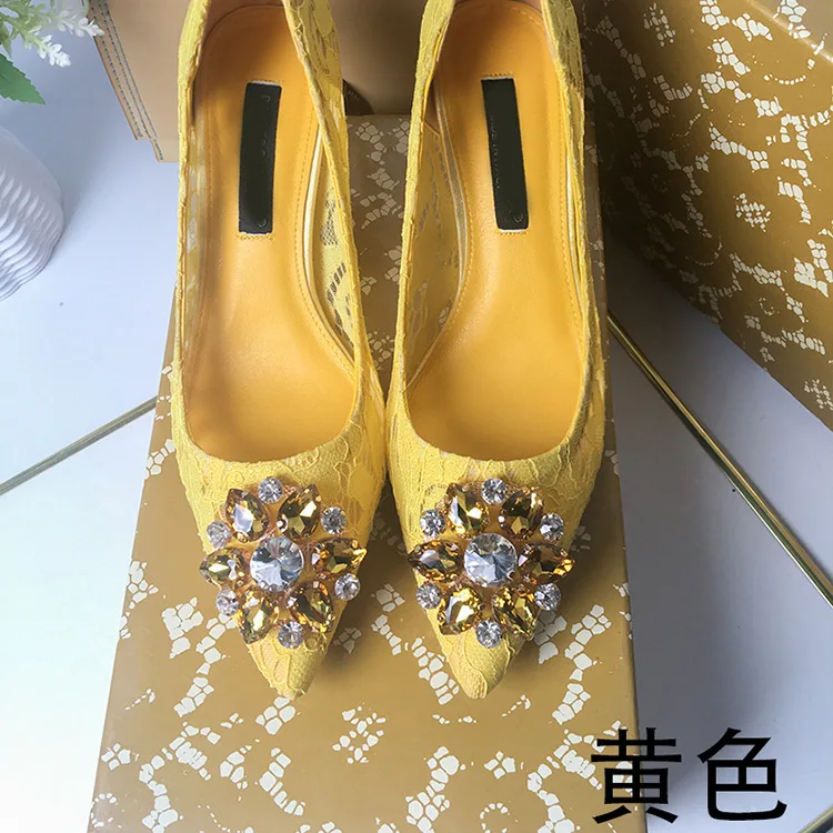 Women's Single Shoes  Spring and Autumn Pointed High Heels Fashion Lace Mesh Breathable Rhinestone Thin Heel Shallow Mouth Shoes