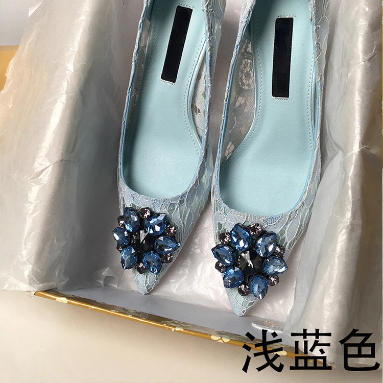 Women's Single Shoes  Spring and Autumn Pointed High Heels Fashion Lace Mesh Breathable Rhinestone Thin Heel Shallow Mouth Shoes