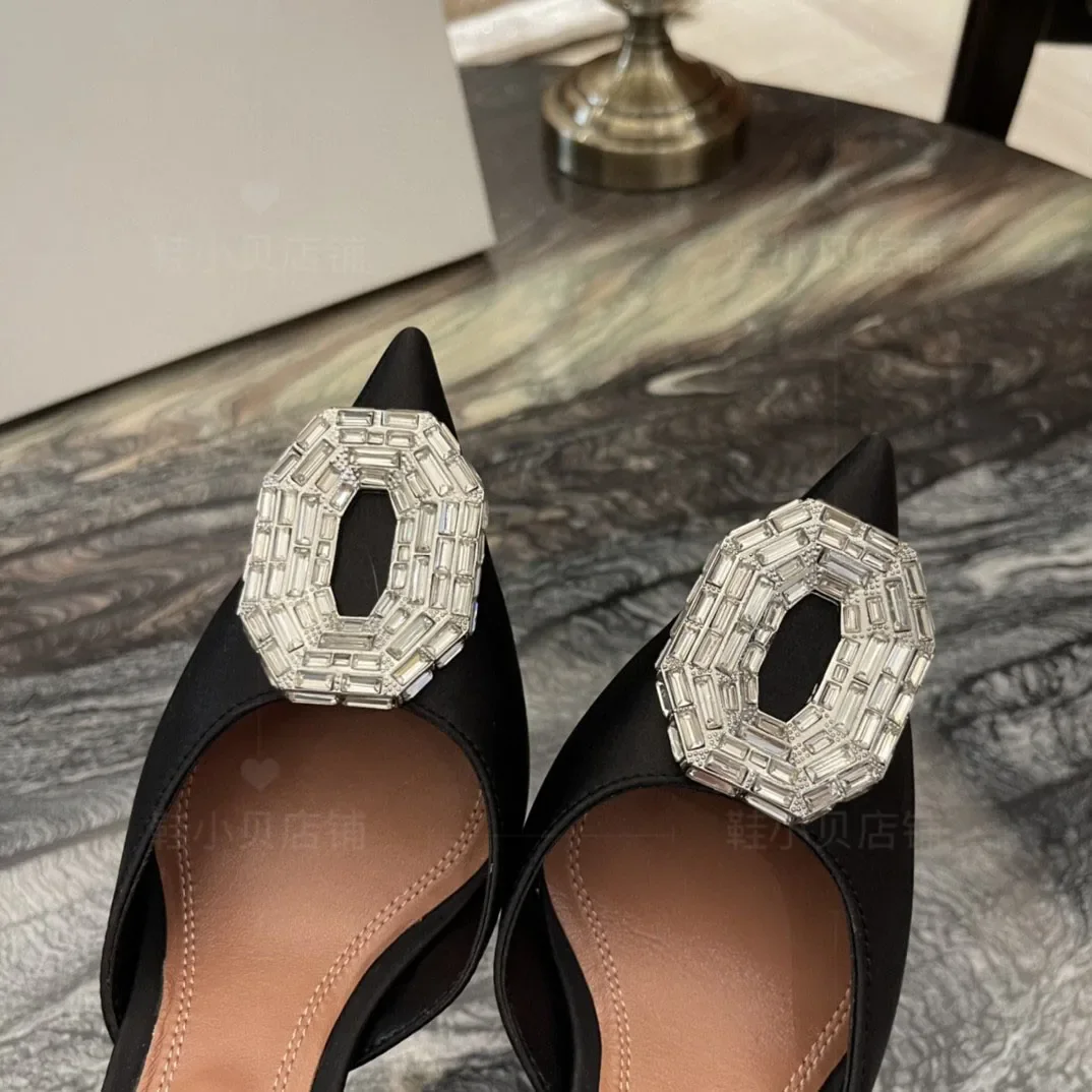 Baotou Women's Sandals Spring/Summer 2024 New Muller Fashion Rhinestone Square Buckle Pointed Thin Heel High Heel Sandals