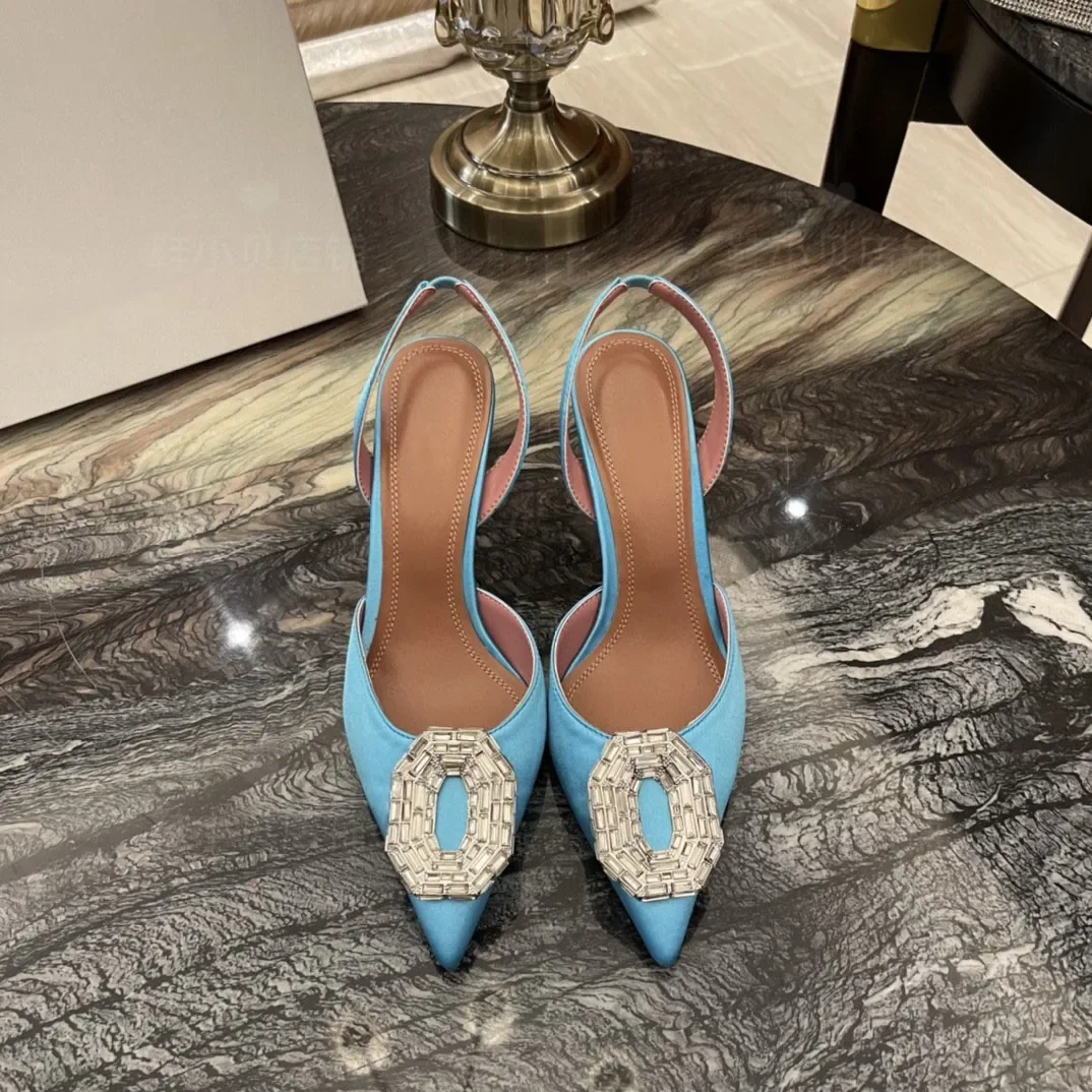 Baotou Women's Sandals Spring/Summer 2024 New Muller Fashion Rhinestone Square Buckle Pointed Thin Heel High Heel Sandals