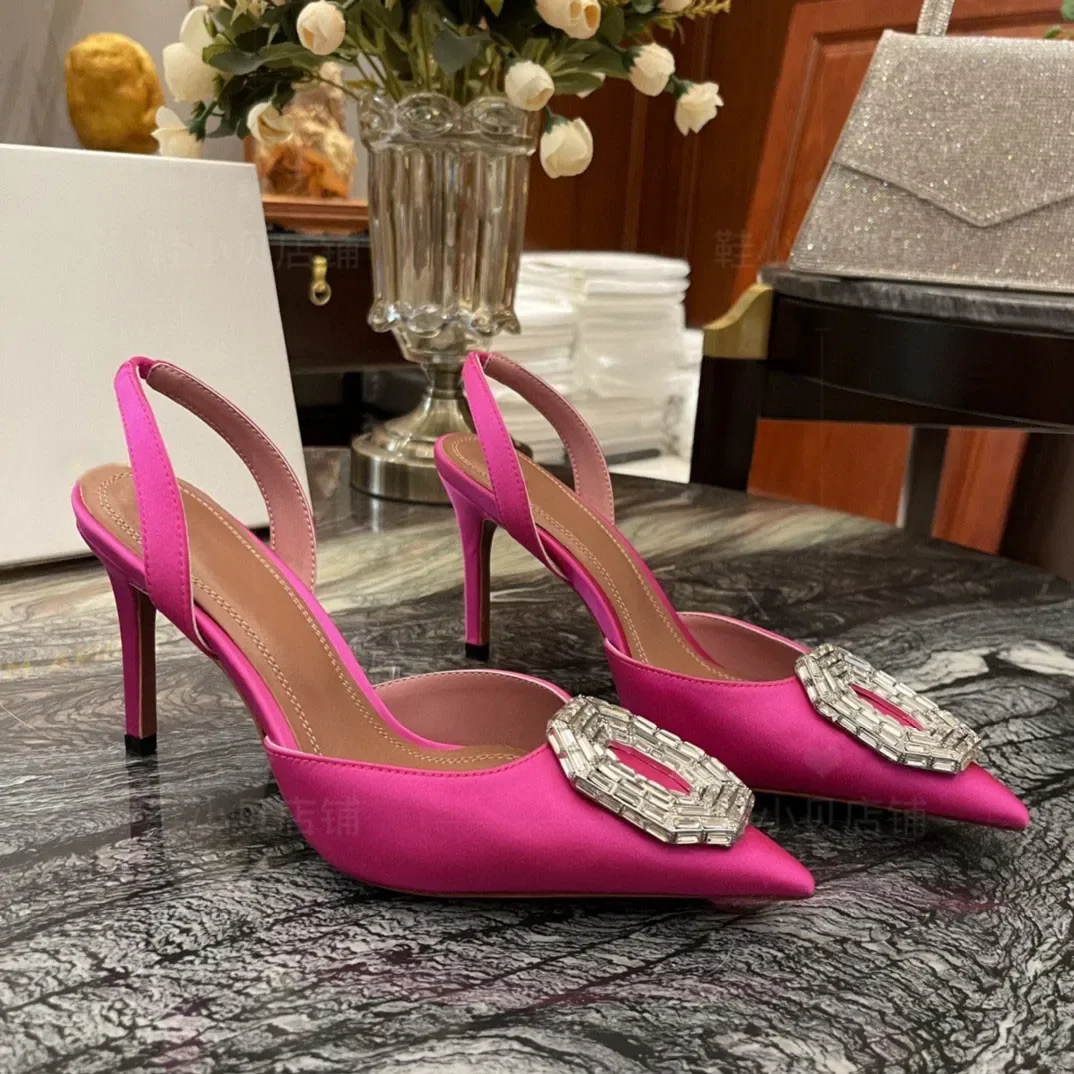 Baotou Women's Sandals Spring/Summer 2024 New Muller Fashion Rhinestone Square Buckle Pointed Thin Heel High Heel Sandals