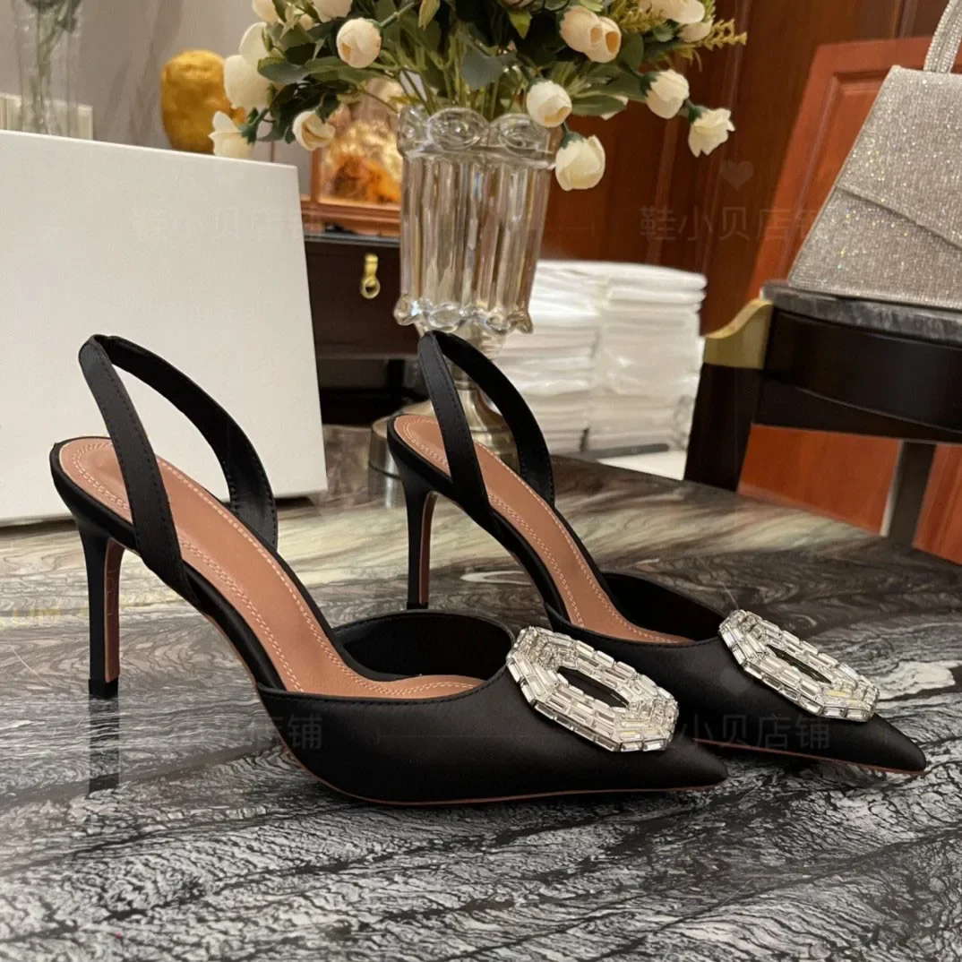 Baotou Women's Sandals Spring/Summer 2024 New Muller Fashion Rhinestone Square Buckle Pointed Thin Heel High Heel Sandals