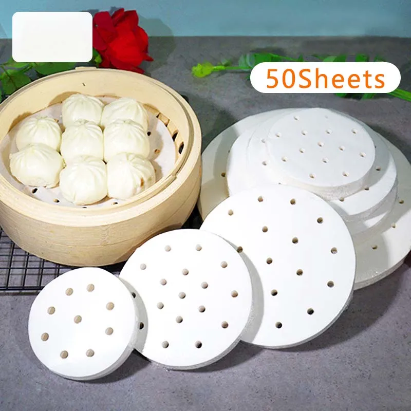 50pcs 15/18/20/24cm White Bamboo Steamer Practical Cooking Paper Dim Sum Paper Non Stick Restaurant Kitchen Under Steam Mat