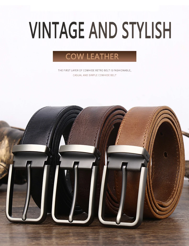 3.3cm Wide Cowhide Leather For men  Belt Personality Retro  Pin buckle Jeans Youth Men's Belts Gift Genuine Leather Man