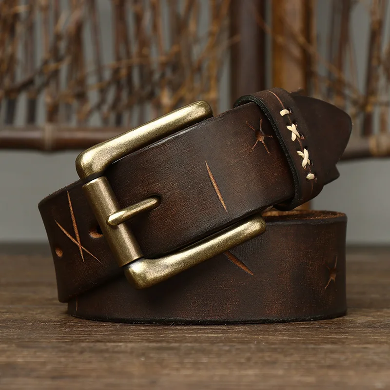 3.8CM Men High Quality Genuine Leather Belt Luxury Designer Brass Pin Buckle Belts Pure Cowskin Vintage Strap Male Jeans for Man