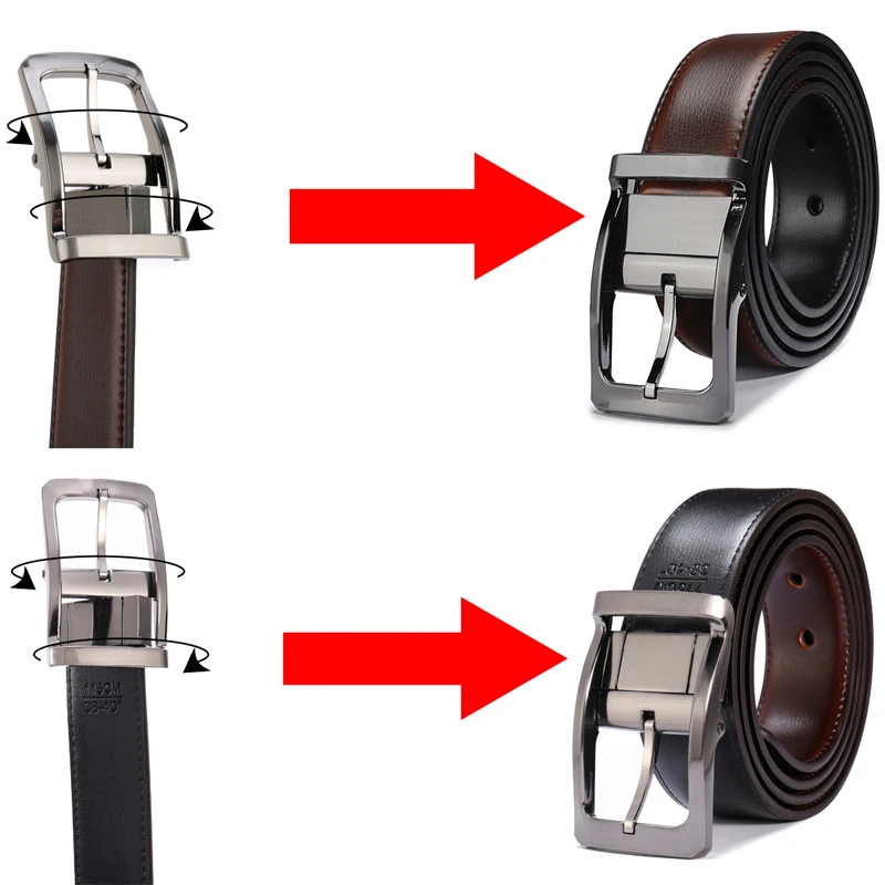 Men's Genuine Leather Reversible Belt Rotated Buckle Two In One Big And Tall