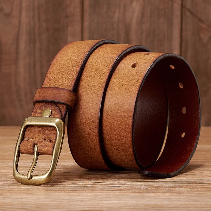 3.3CM High Quality Natural  Cowskin Genuine Leather Belt Men Casual Copper Buckle Business Male Strap For Jeans Cowboy Cintos