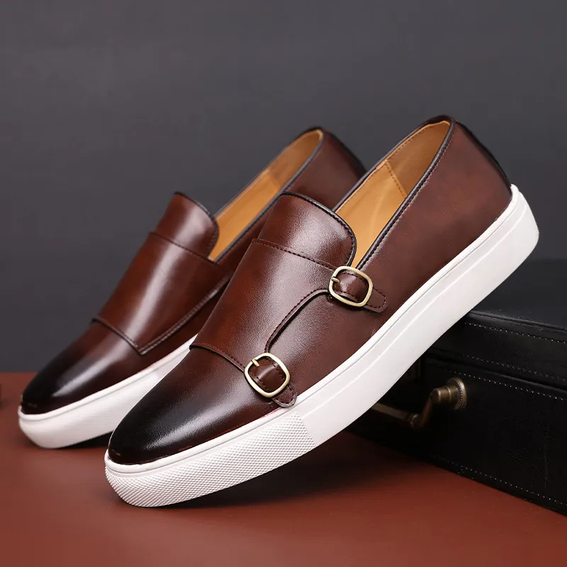 Men's Casual Leather Shoes Men Fashion British Style Loafers Mens Slip-on Outdoor Flats Monk Shoes