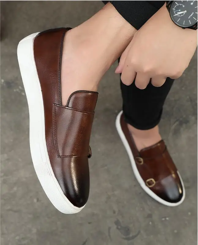 Men's Casual Leather Shoes Men Fashion British Style Loafers Mens Slip-on Outdoor Flats Monk Shoes