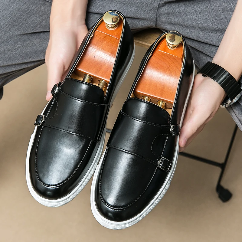 New Thick Soled Loafers Men Leather Shoe Breathable Double Buckle Monk Pointed Toe Formal Shoes Black/brown Men Shoes Size 38-46