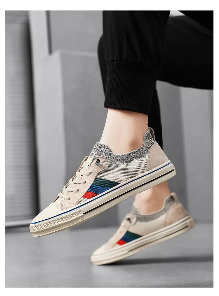 2024 New Shoes for Men Casual Shoes Spring Summer Striped Flat Skateboard Shoes Breathable Knit Slip-on Sneakers