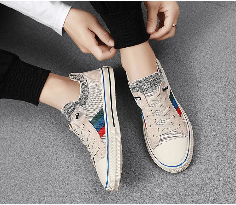 2024 New Shoes for Men Casual Shoes Spring Summer Striped Flat Skateboard Shoes Breathable Knit Slip-on Sneakers