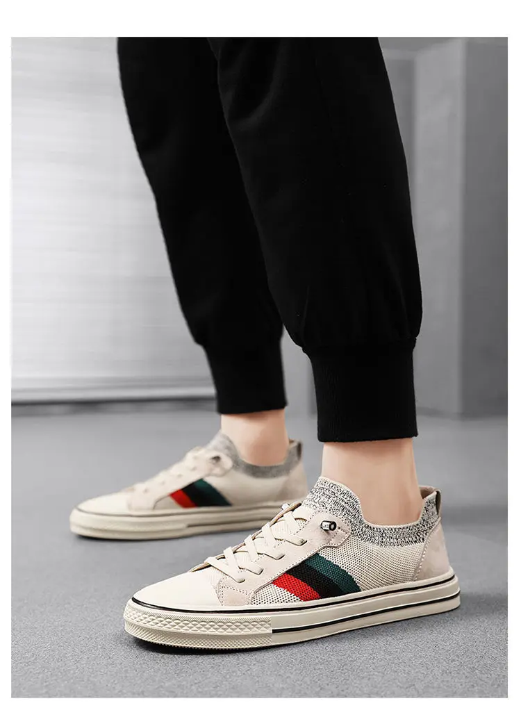 2024 New Shoes for Men Casual Shoes Spring Summer Striped Flat Skateboard Shoes Breathable Knit Slip-on Sneakers