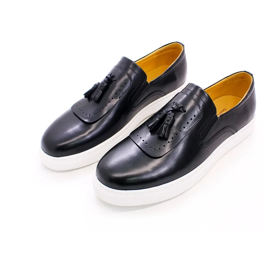 Leather casual shoes tassel high-end handmade men's shoes comfortable round toe flat shoes office banquet men's loafers