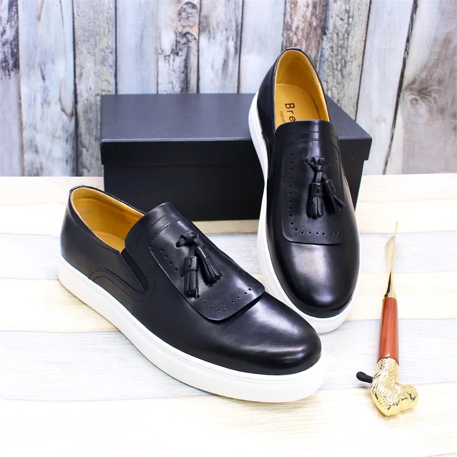 Leather casual shoes tassel high-end handmade men's shoes comfortable round toe flat shoes office banquet men's loafers