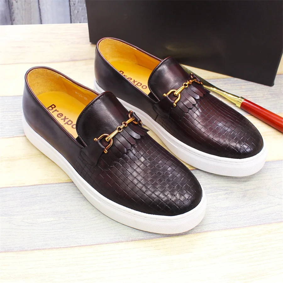 Men's Leather Casual Shoes Metal Button Woven Pattern Handmade Flat Loafers Men's Dating Luxury Party Shoes Formal Men's Shoes