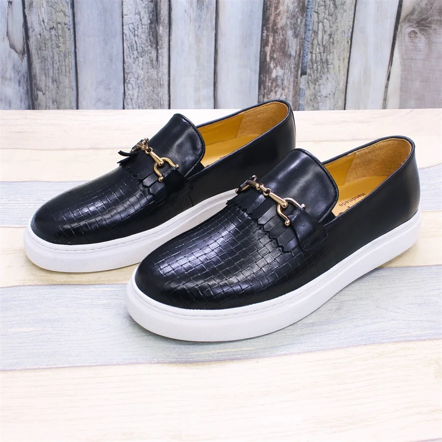 Men's Leather Casual Shoes Metal Button Woven Pattern Handmade Flat Loafers Men's Dating Luxury Party Shoes Formal Men's Shoes