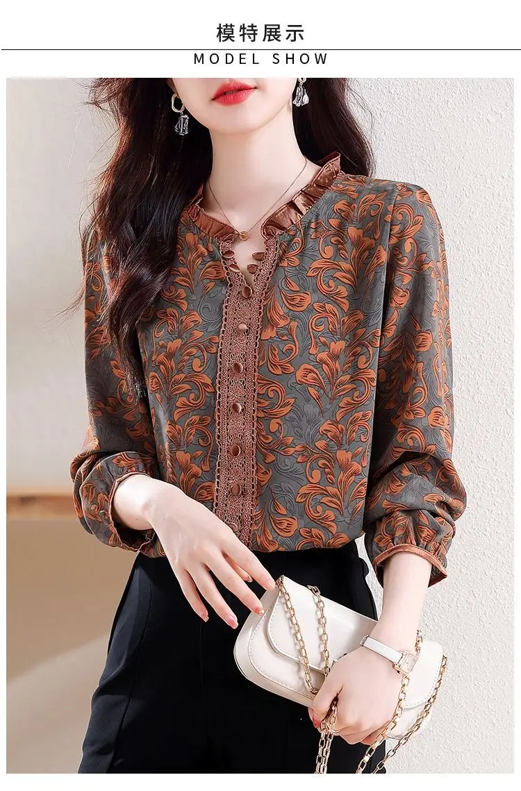 Women Korean Fashion Vintage Print Ruffle Blouse Elegant Chic Lace Patchwork Shirts Casual V Neck Long Sleeve Loose Tops Blusas