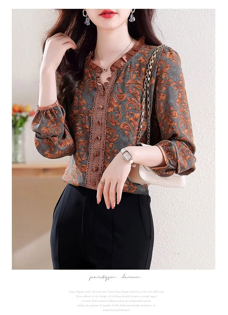 Women Korean Fashion Vintage Print Ruffle Blouse Elegant Chic Lace Patchwork Shirts Casual V Neck Long Sleeve Loose Tops Blusas