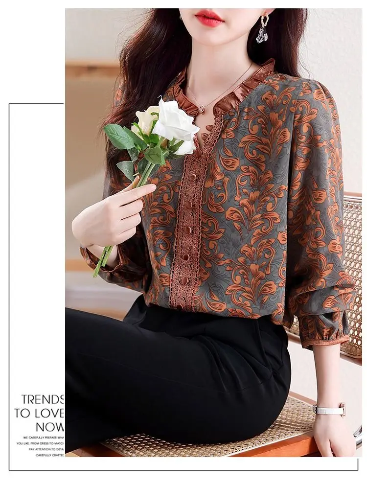 Women Korean Fashion Vintage Print Ruffle Blouse Elegant Chic Lace Patchwork Shirts Casual V Neck Long Sleeve Loose Tops Blusas