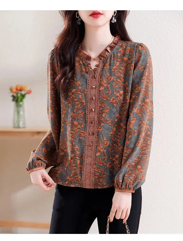 Women Korean Fashion Vintage Print Ruffle Blouse Elegant Chic Lace Patchwork Shirts Casual V Neck Long Sleeve Loose Tops Blusas