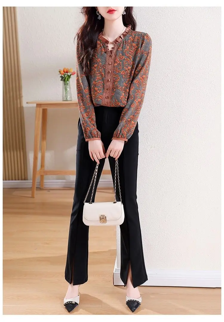 Women Korean Fashion Vintage Print Ruffle Blouse Elegant Chic Lace Patchwork Shirts Casual V Neck Long Sleeve Loose Tops Blusas