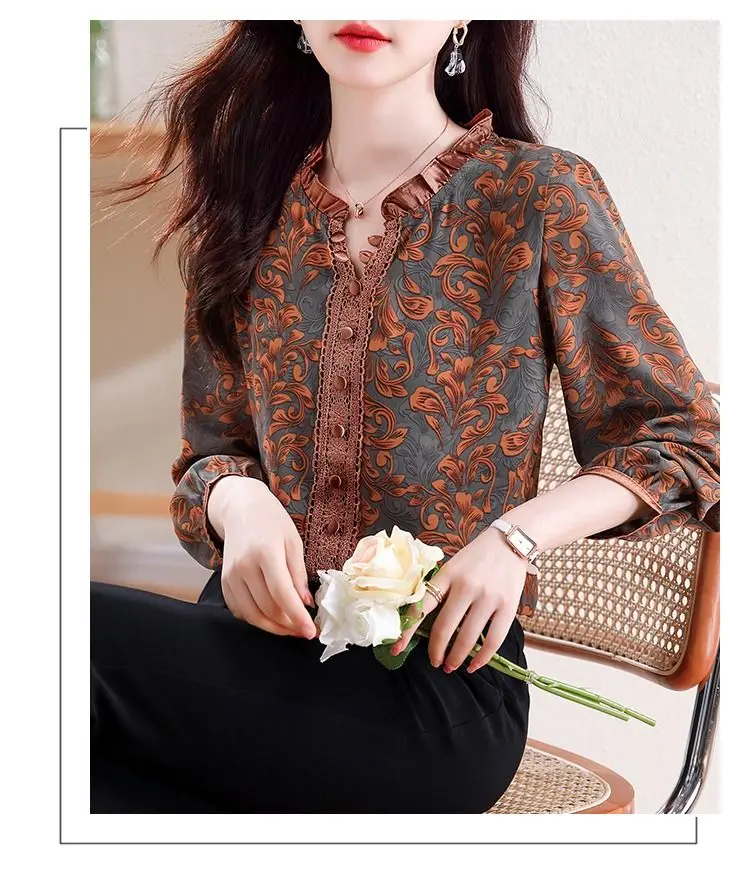 Women Korean Fashion Vintage Print Ruffle Blouse Elegant Chic Lace Patchwork Shirts Casual V Neck Long Sleeve Loose Tops Blusas