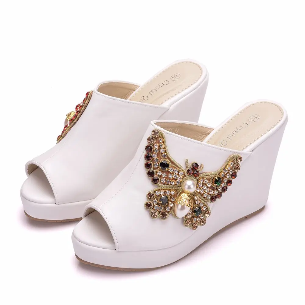 Crystal Queen 10cm Peep Toe Platform Wedges Slippers High Heels Beach Sandals Women