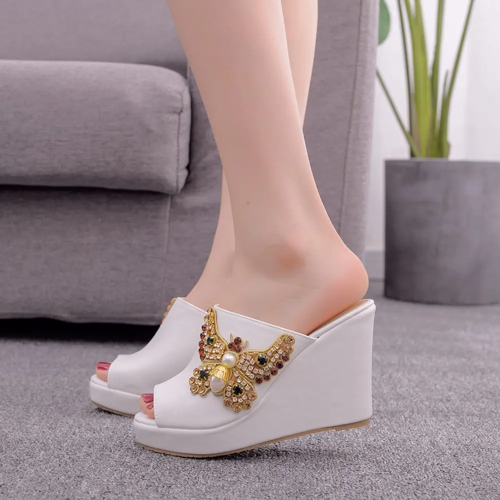 Crystal Queen 10cm Peep Toe Platform Wedges Slippers High Heels Beach Sandals Women