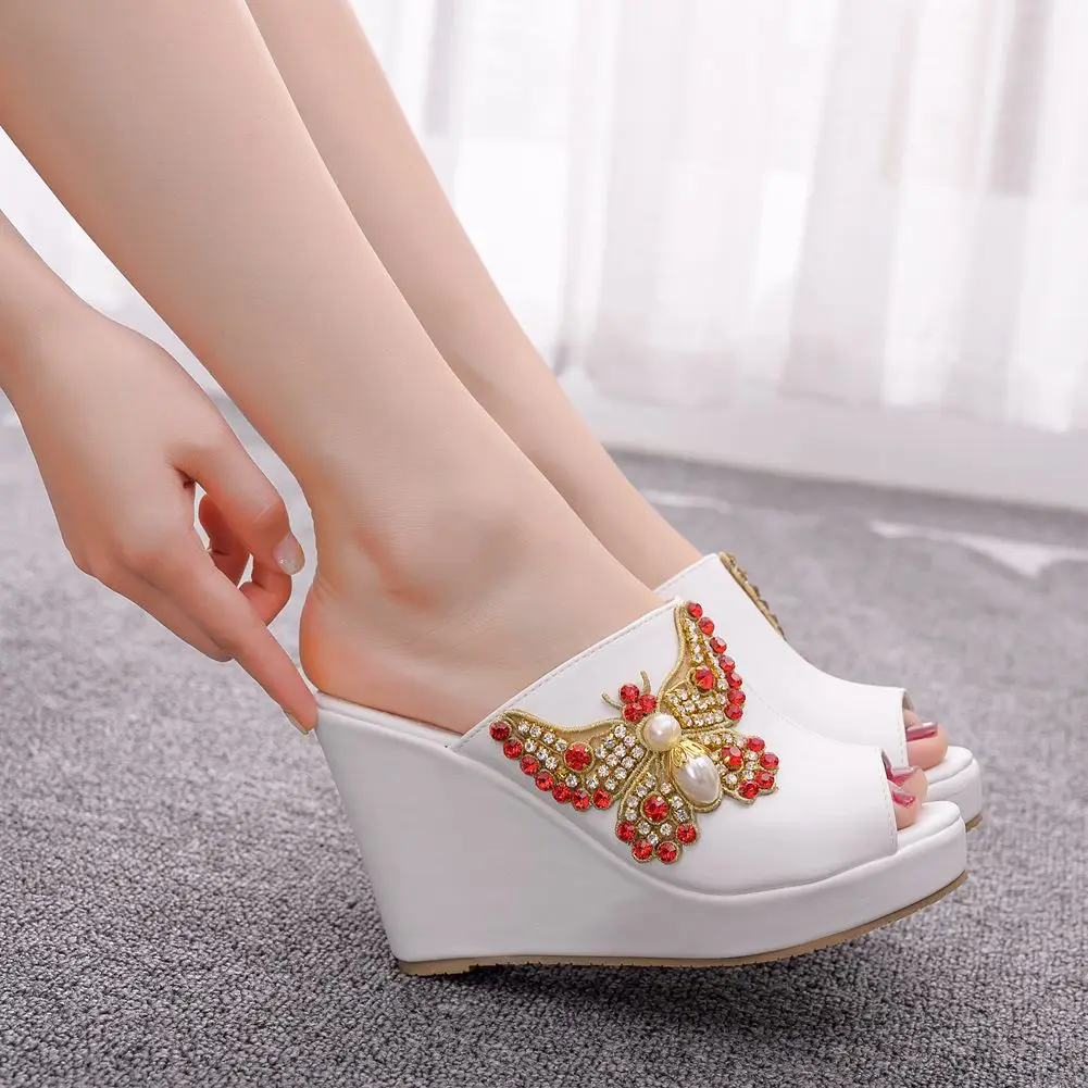 Crystal Queen 10cm Peep Toe Platform Wedges Slippers High Heels Beach Sandals Women