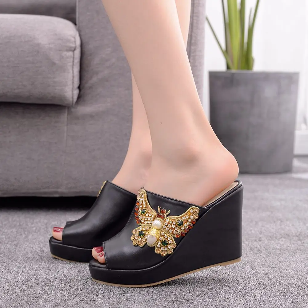 Crystal Queen 10cm Peep Toe Platform Wedges Slippers High Heels Beach Sandals Women