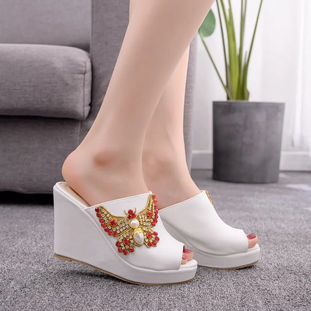 Crystal Queen 10cm Peep Toe Platform Wedges Slippers High Heels Beach Sandals Women