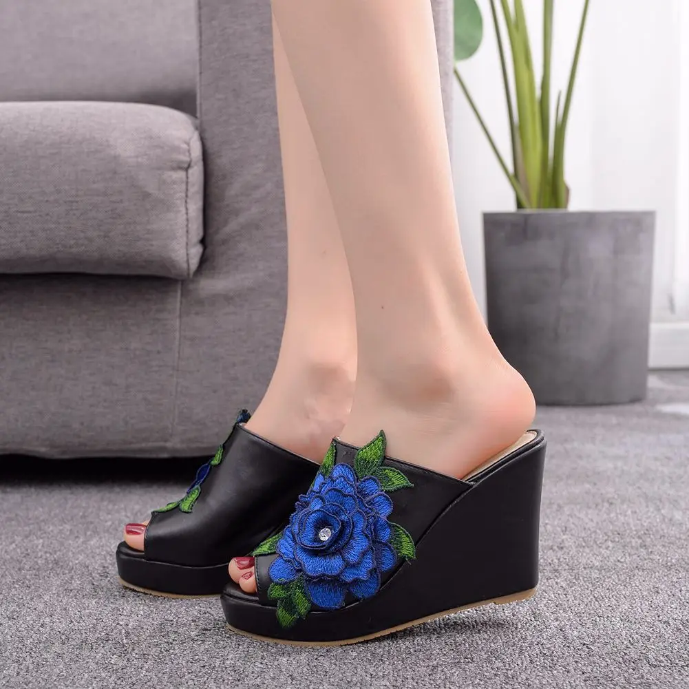 women sandals wedding Party banquet PU Slip On 10CM Wedges High Heels Peep Toe Flower zapatos de mujer women shoes size 35-42