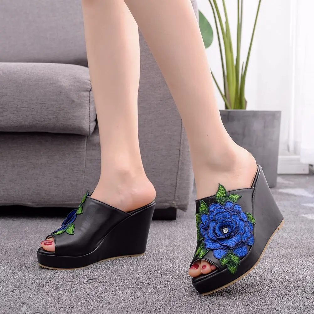 women sandals wedding Party banquet PU Slip On 10CM Wedges High Heels Peep Toe Flower zapatos de mujer women shoes size 35-42