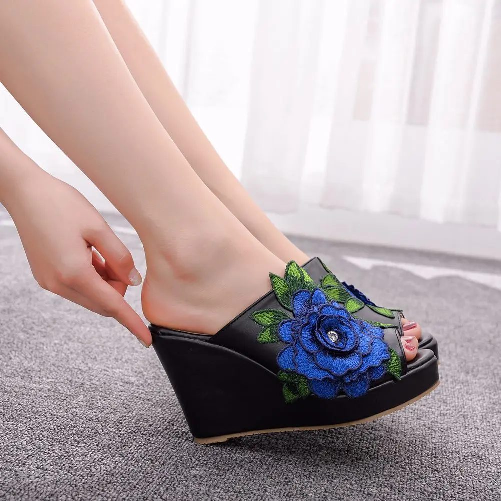 women sandals wedding Party banquet PU Slip On 10CM Wedges High Heels Peep Toe Flower zapatos de mujer women shoes size 35-42